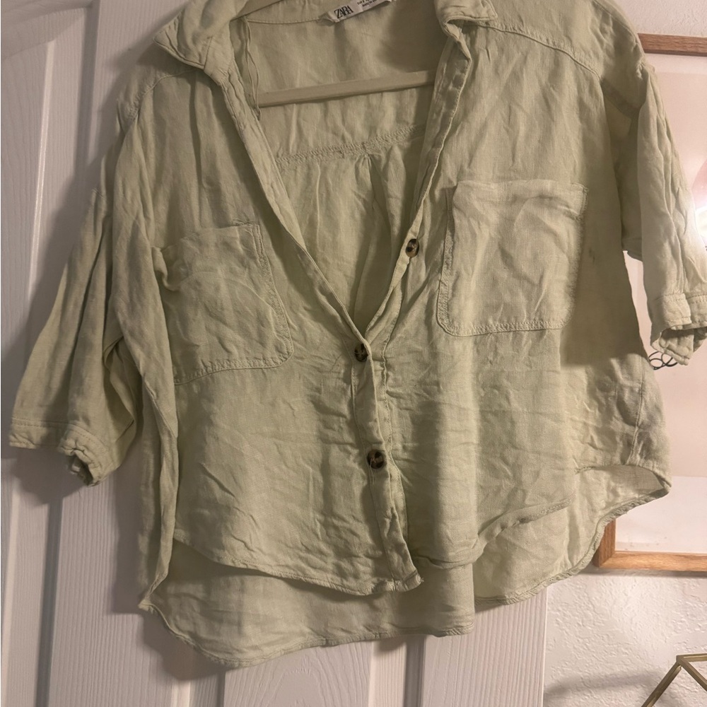 Zara Women's mint green linen Button-Up Top